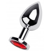 Серебристая коническая анальная пробка с красным кристаллом - 8 см. - ToyFa - купить с доставкой в Липецке