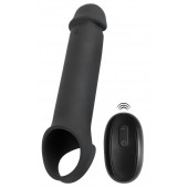 Черная вибронасадка для пениса с хомутом для мошонки и пультом ДУ Remote Controlled Penis Extension - Orion - в Липецке купить с доставкой