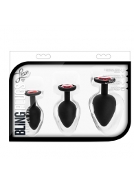 Набор черных анальных пробок с красным кристаллом-сердечком Bling Plugs Training Kit - Blush Novelties - купить с доставкой в Липецке