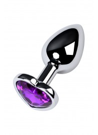 Серебристая коническая анальная пробка с фиолетовым кристаллом-сердечком - 7 см. - ToyFa - купить с доставкой в Липецке