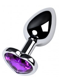 Серебристая коническая анальная пробка с фиолетовым кристаллом-сердечком - 7 см. - ToyFa - купить с доставкой в Липецке