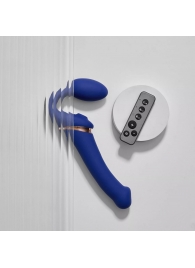 Синий безремневой страпон Multi Orgasm Bendable Strap-On size XL с клиторальной стимуляцией - Strap-on-me - купить с доставкой в Липецке