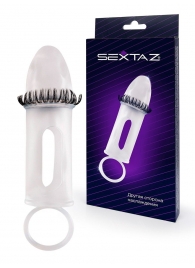 Закрытая насадка на пенис с подхватом мошонки и стимулирующими «ресничками» - Sextaz - в Липецке купить с доставкой