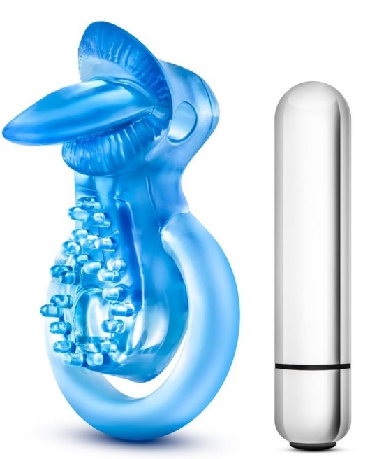 Голубое эрекционное виброкольцо 10 Function Vibrating Tongue Ring - Blush Novelties - в Липецке купить с доставкой