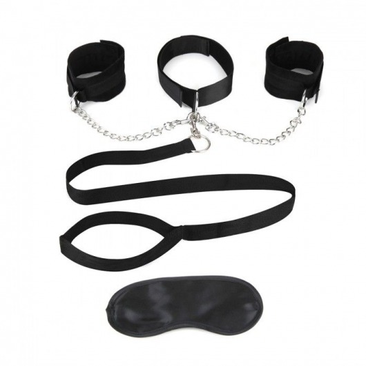 Чёрный ошейник с наручниками и поводком Collar Cuffs   Leash Set - Lux Fetish - купить с доставкой в Липецке