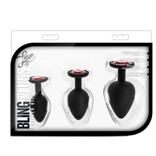 Набор черных анальных пробок с красным кристаллом-сердечком Bling Plugs Training Kit - Blush Novelties - купить с доставкой в Липецке
