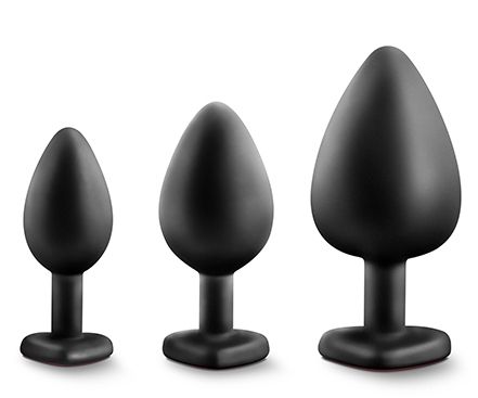 Набор черных анальных пробок с красным кристаллом-сердечком Bling Plugs Training Kit - Blush Novelties - купить с доставкой в Липецке