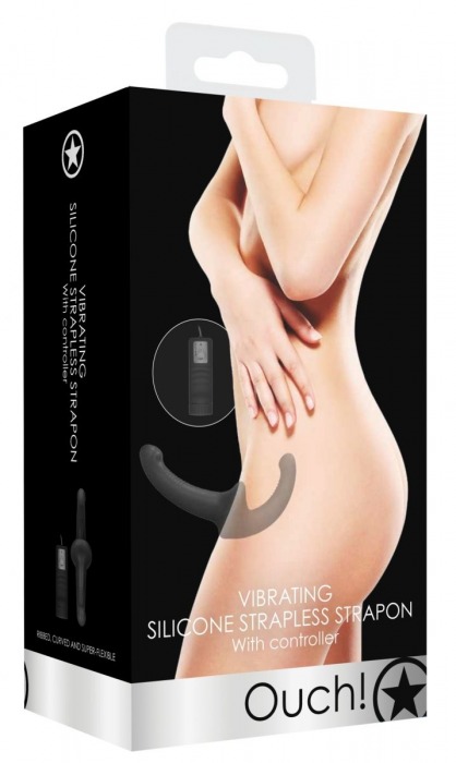 Черный безремневой вибрострапон с пультом управления Vibrating Silicone Strapless Strapon - Shots Media BV - купить с доставкой в Липецке