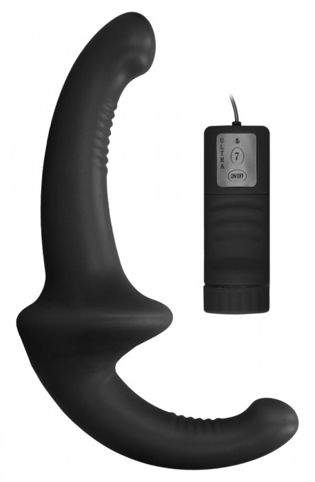 Черный безремневой вибрострапон с пультом управления Vibrating Silicone Strapless Strapon - Shots Media BV - купить с доставкой в Липецке