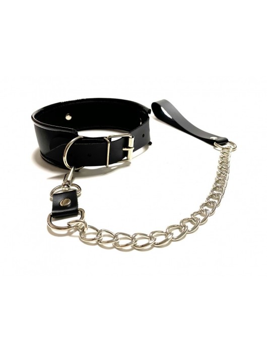 Черный ошейник с поводком из эко-кожи - БДСМ Арсенал - купить с доставкой в Липецке