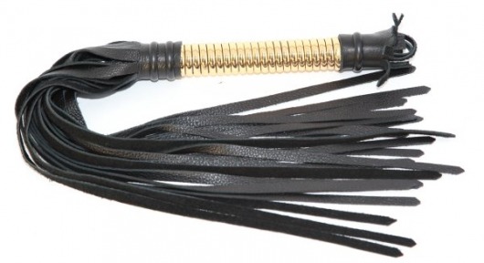 Чёрная плетка  из натуральной кожи с золотистой отделкой рукояти - БДСМ Арсенал - купить с доставкой в Липецке
