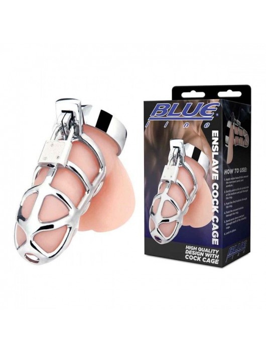 Серебристая металлическая клетка для члена с замком Enslave Cock Cage - BlueLine - купить с доставкой в Липецке