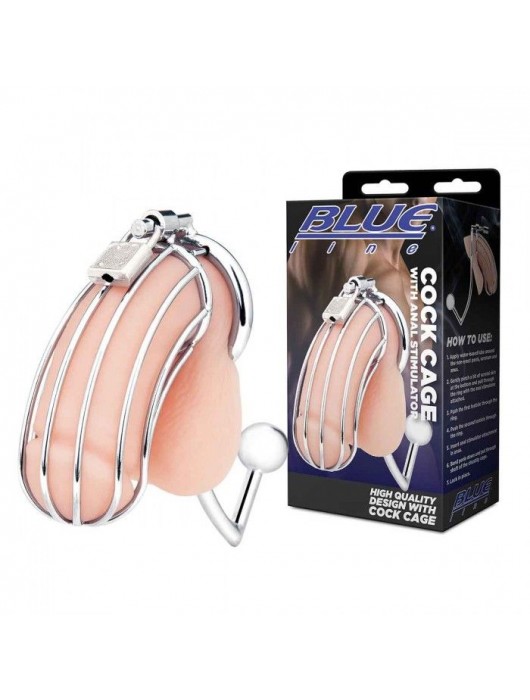 Серебристая металлическая клетка с анальным стимулятором Cock Cage - BlueLine - купить с доставкой в Липецке