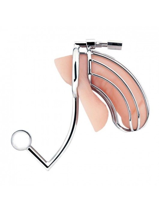 Серебристая металлическая клетка с анальным стимулятором Cock Cage - BlueLine - купить с доставкой в Липецке