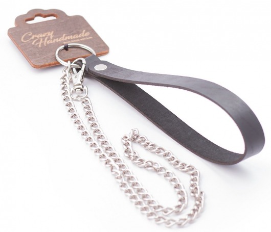 Серебристый металлический поводок с кожаной черной ручкой - 80 см. - Crazy Handmade - купить с доставкой в Липецке