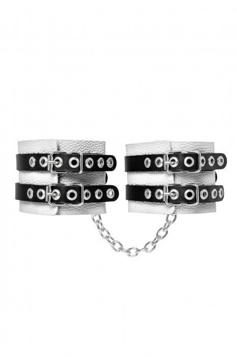 Бело-черные оковы с двумя ремешками и люверсами - Pecado - купить с доставкой в Липецке