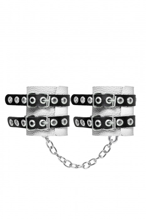 Бело-черные наручники с двумя ремешками и люверсами - Pecado - купить с доставкой в Липецке