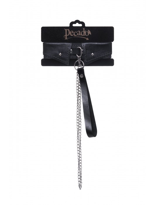 Черный кожаный ошейник-воротник с поводком - Pecado - купить с доставкой в Липецке