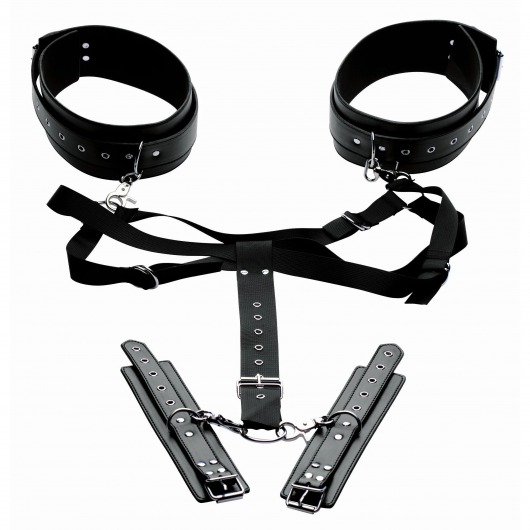 Черная бондажная система Acquire Easy Access Thigh Harness with Wrist Cuffs - XR Brands - купить с доставкой в Липецке