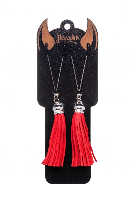 Зажимы на соски «Вилки» с красными кисточками из замши - Pecado - купить с доставкой в Липецке