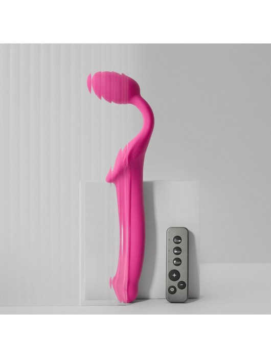 Ярко-розовый безремневой страпон Strap-on-me Vibrating Bendable Strap-On size XL - Strap-on-me - купить с доставкой в Липецке