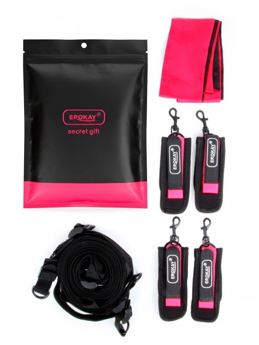 Черно-розовый эротический набор: фиксатор, оковы, наручники, повязка - Erokay - купить с доставкой в Липецке