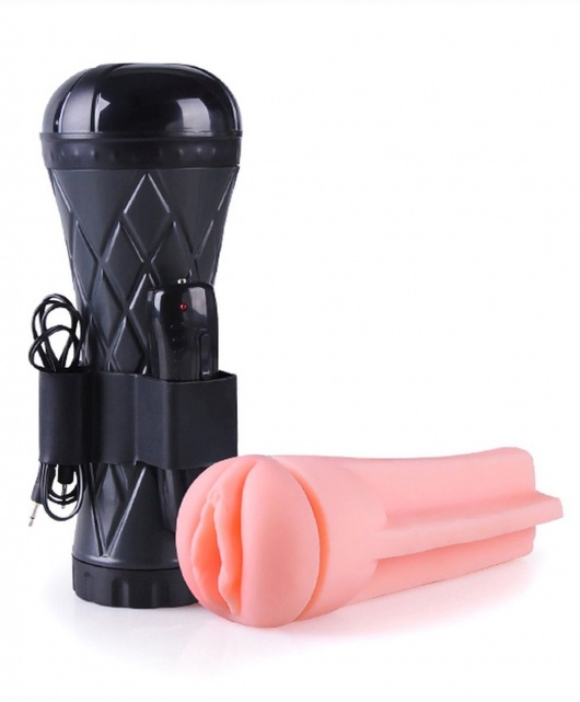 Телесный мастурбатор-вагина в черной колбе с вибрацией - Boys of Toys - в Липецке купить с доставкой