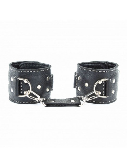 Чёрные кожаные наручники с крупной строчкой - БДСМ Арсенал - купить с доставкой в Липецке
