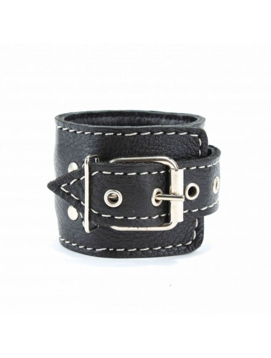 Чёрные кожаные наручники с крупной строчкой - БДСМ Арсенал - купить с доставкой в Липецке