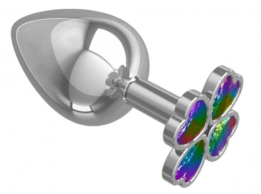 Серебристая анальная пробка-клевер с радужным кристаллом - 9,5 см. - Джага-Джага - купить с доставкой в Липецке